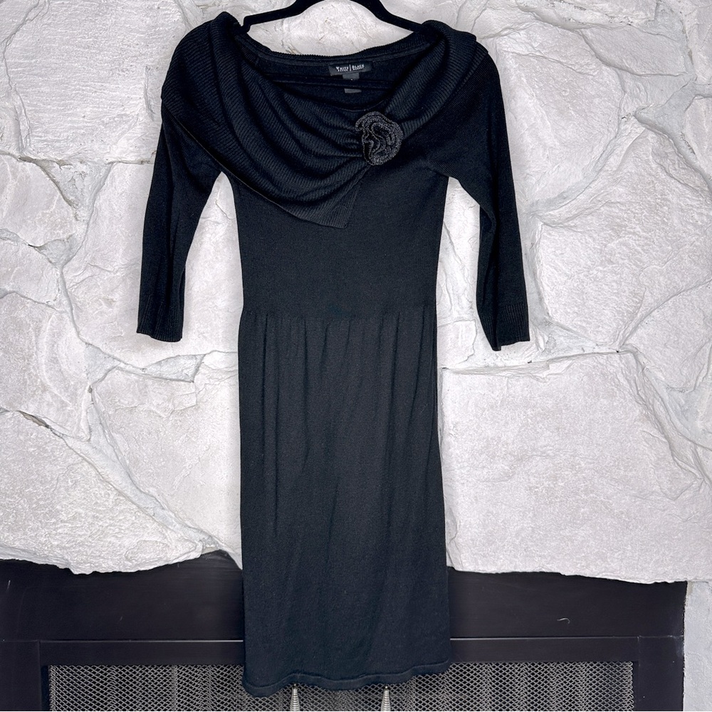 WHBM | Women’s Classic Black Cowl Neck 3/4 Sleeve Sweater Dress w/Rose, Size S